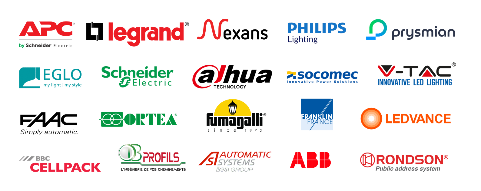 Marques distribuées par MATELEC : APC, Legrand, Nexans, Philips, Prysmian, Eglo, Schneider Electric, Dahua, Socomec, V-TAC, FAAC, Ortea, Fumagalli, Franklin, Ledvance, Cellpack, Profils, Automatic Systems, ABB et Rondson