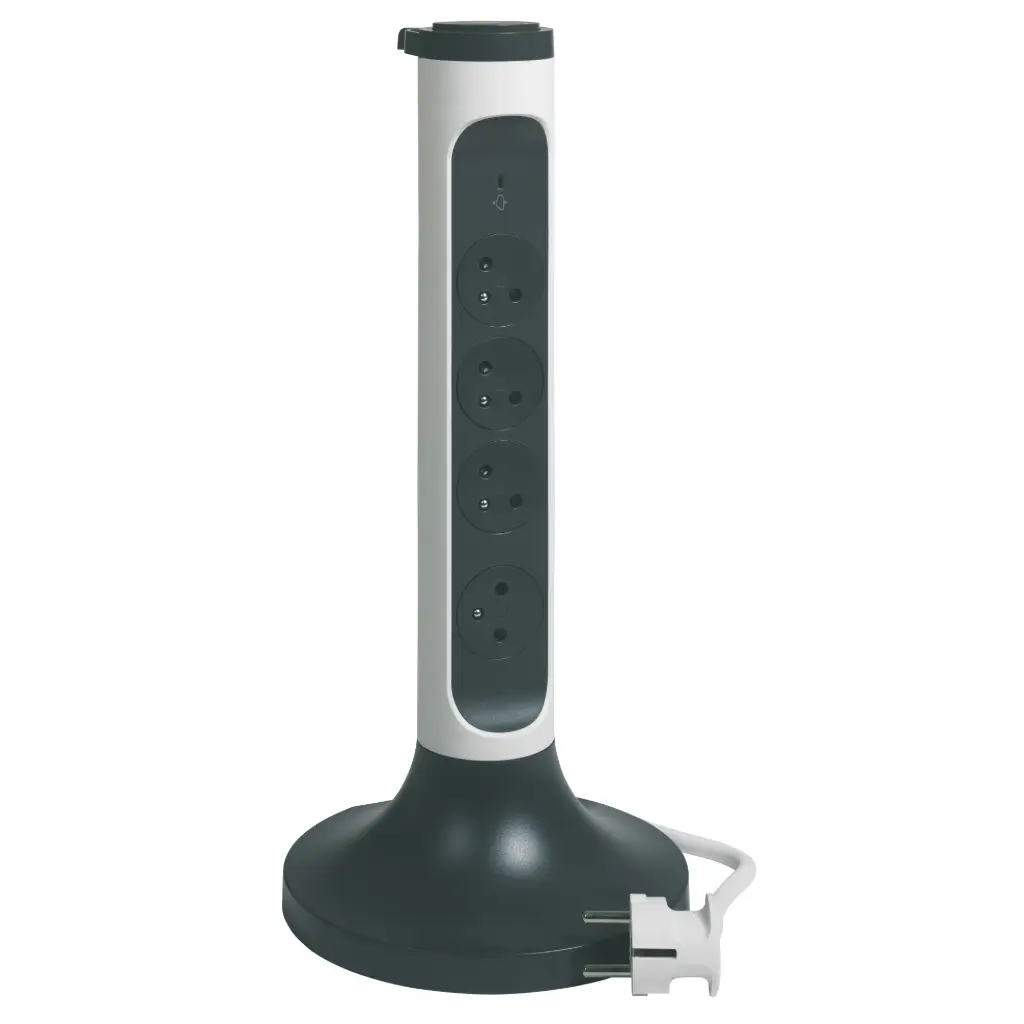 Multiprise verticale tour 4x2P+T + interrupteur + parafoudre, cordon 2 m, blanc/gris - Legrand