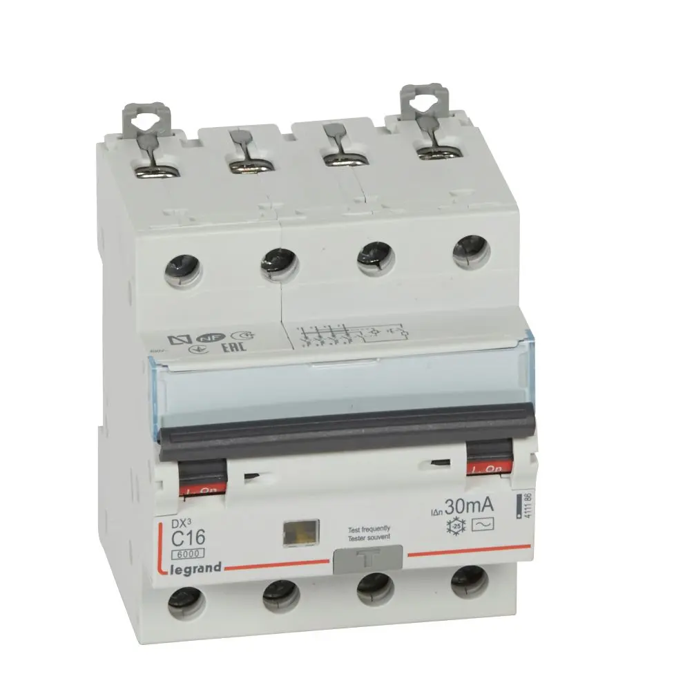Disjoncteur différentiel DX³ 4P 16A courbe C 6 kA, 30mA type AC, 4 modules - Legrand