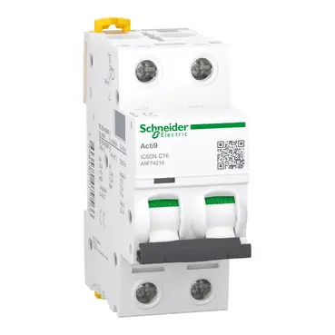 Disjoncteur modulaire Acti9 iC60N 2P 16A courbe C 6/10 kA - Schneider