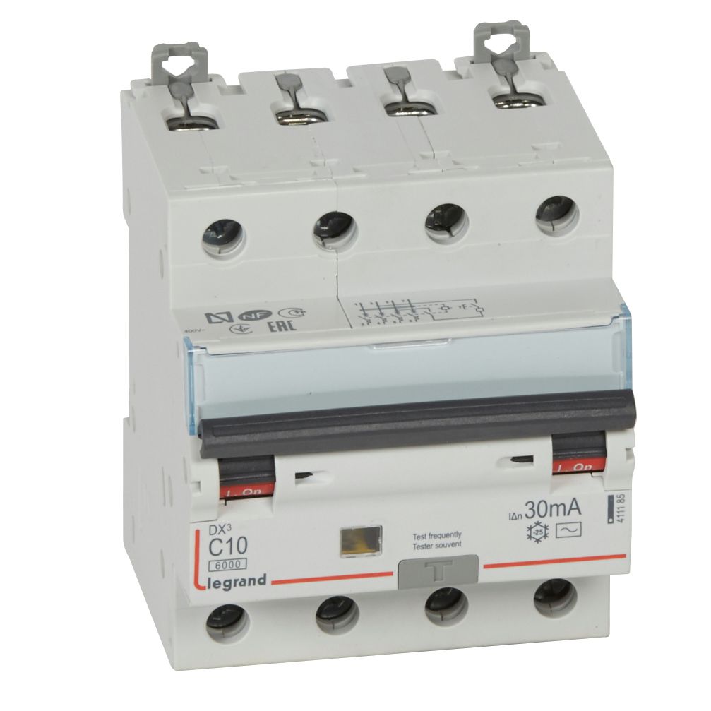 Disjoncteur différentiel DX³ 4P 10A courbe C 6 kA, 30mA type AC, 4 modules - Legrand