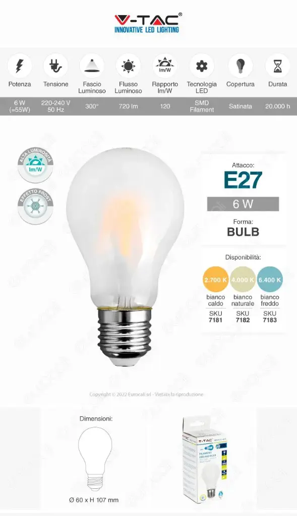 Ampoule LED filament croisé dépoli 7W A60 E27 2700K - V-TAC