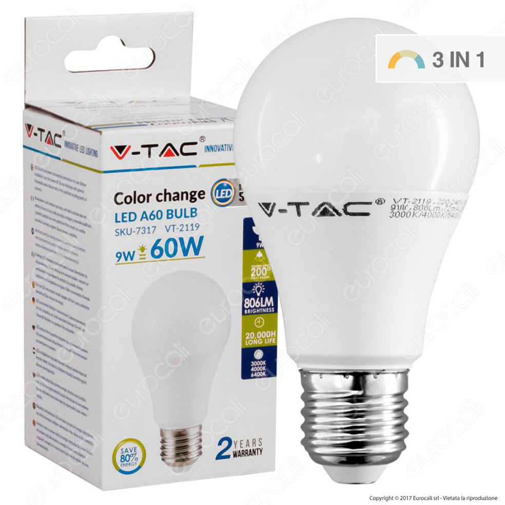 LED bulb 9W A60 E27, 3-in-1 CCT - V-TAC