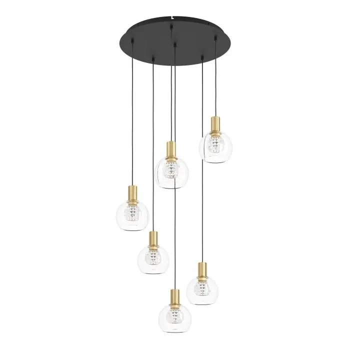 Suspension LED 6 lampes noir/laiton bruni/verre clair Terque - Eglo