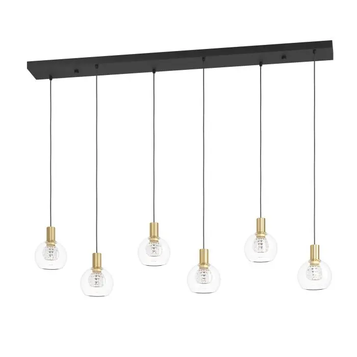 Suspension LED 6 lampes L1380 noir/laiton bruni/verre clair Terque - Eglo