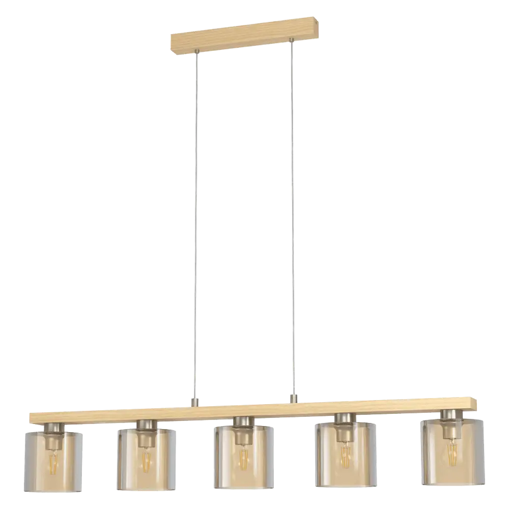 Suspension 5 lampes nickel mat/bois/ambre Castralvo - Eglo