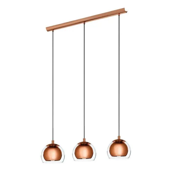 Suspension 3 lampes E27 cuivre/verre clair Rocamar - Eglo