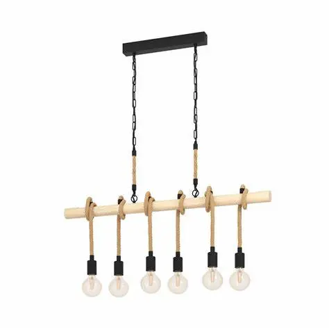 Suspension 6 lampes E27 noir/bois/corde Youngstown - Eglo