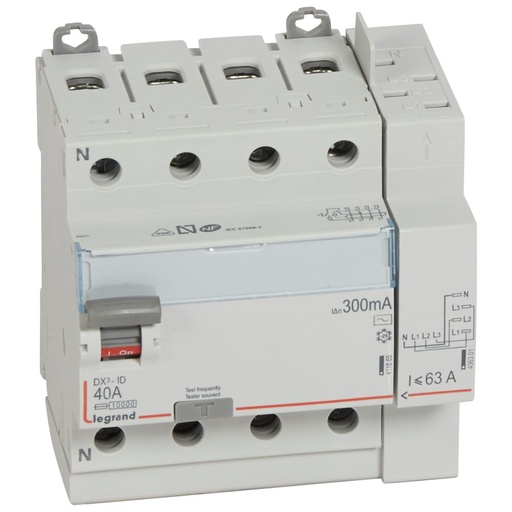 [LEG411654] Interrupteur différentiel DX³-ID 4P 40A, 300mA type AC, tête de groupe auto - Legrand