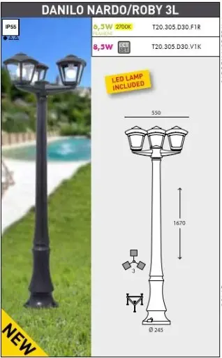 [FU T24.306.D30.AXF1R] Lampadaire extérieur Dino Nardo/Dario 3 lanternes noir, diffuseur clair, E27 filament - Fumagalli