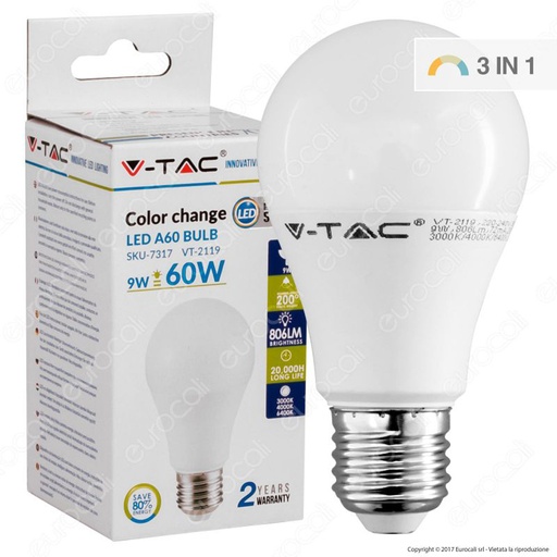 [VT7317] Ampoule LED 9W A60 E27, CCT 3-en-1 - V-TAC