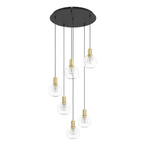 [390279] Pendant LED 6 lamps black/burnished brass/clear glass Terque - Eglo