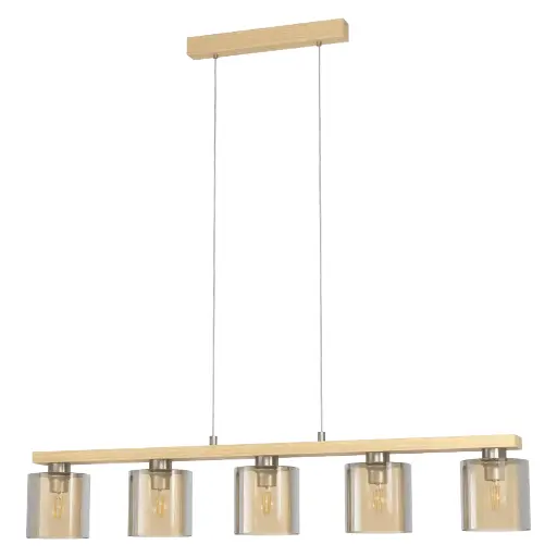 [98592] Suspension 5 lampes nickel mat/bois/ambre Castralvo - Eglo