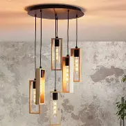 [49549] Suspension 6 lampes E27 noir/bois Littleton - Eglo
