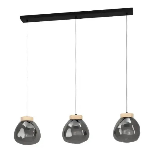 [390318] Suspension 3 lampes E27 noir/bois/gris transparent Magacela - Eglo