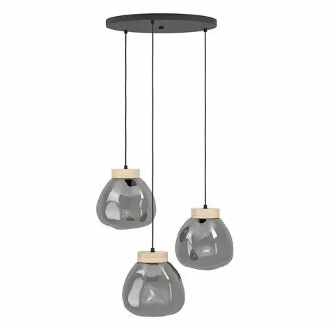 [390319] Suspension 3 lampes E27 noir/bois/gris transparent Magacela - Eglo